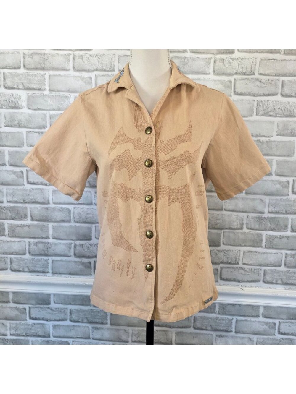 Very Rare Raf Reyes Cyber Embossed Cotton Button Up Shirt Tan Cyberpunk Medium